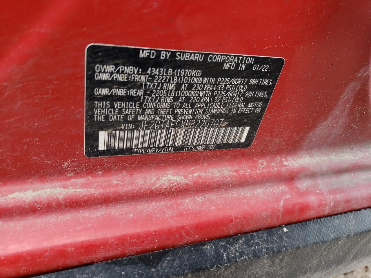 2022 SUBARU CROSSTREK PREMIUM VIN:JF2GTAECXN8220707