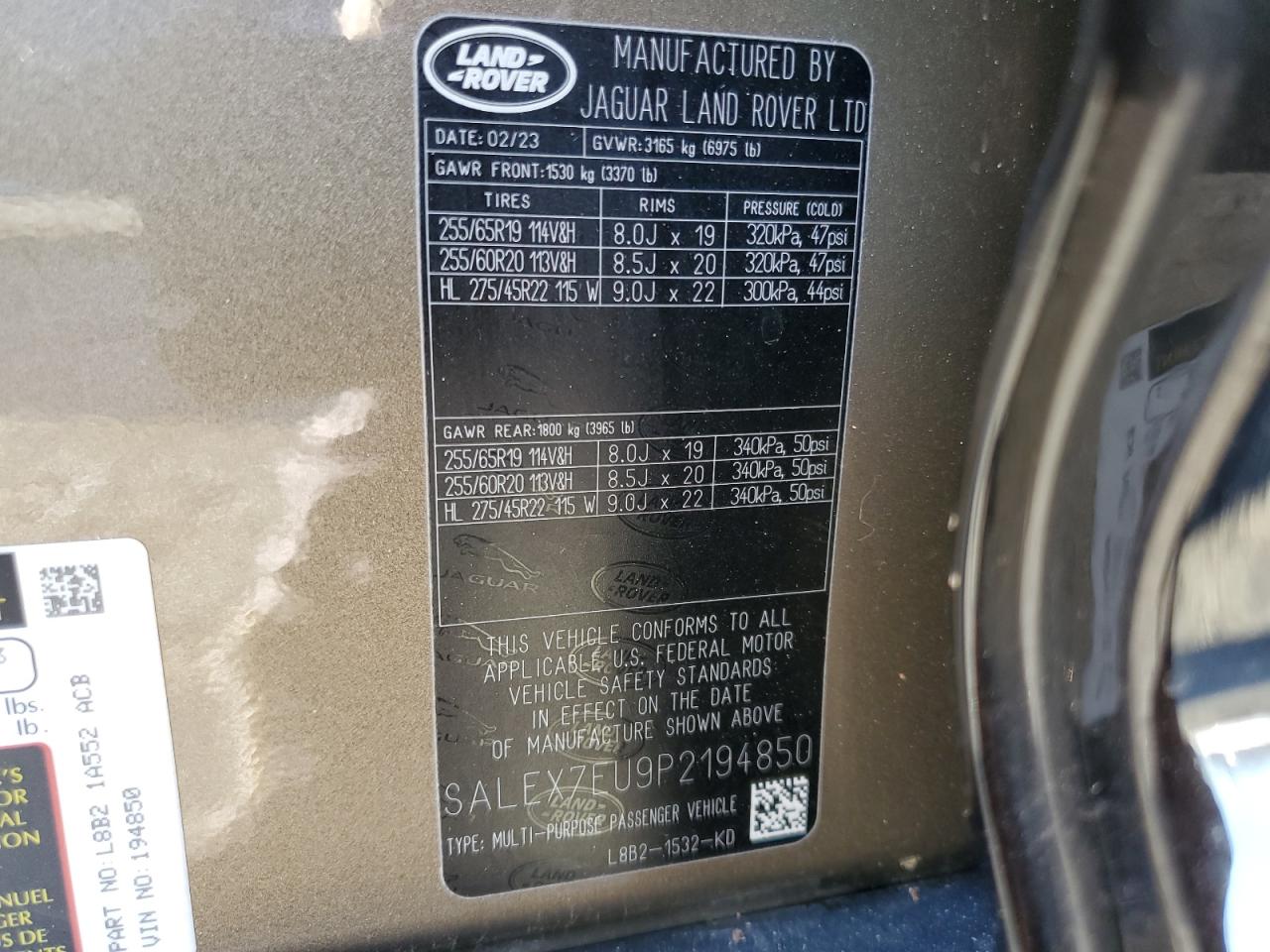 2023 LAND ROVER DEFENDER 110 X VIN:SALEX7EU9P2194850