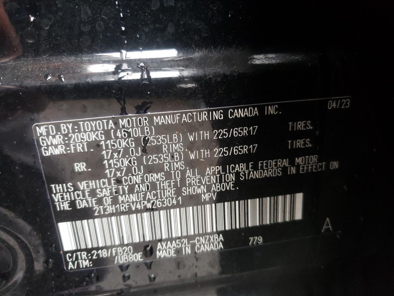 2023 TOYOTA RAV4 LE VIN:2T3H1RFV4PW263041