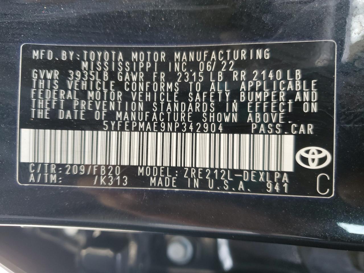 2022 TOYOTA COROLLA LE VIN:5YFEPMAE9NP342904