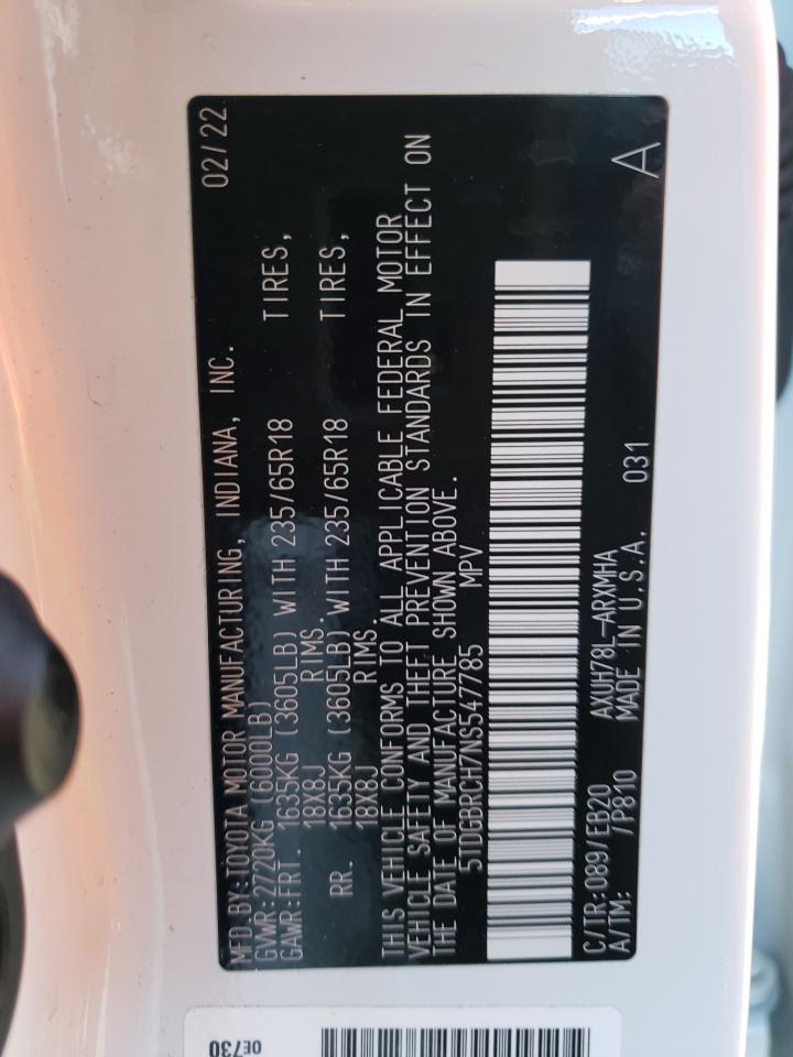 2022 TOYOTA HIGHLANDER HYBRID XLE VIN:5TDGBRCH7NS547785