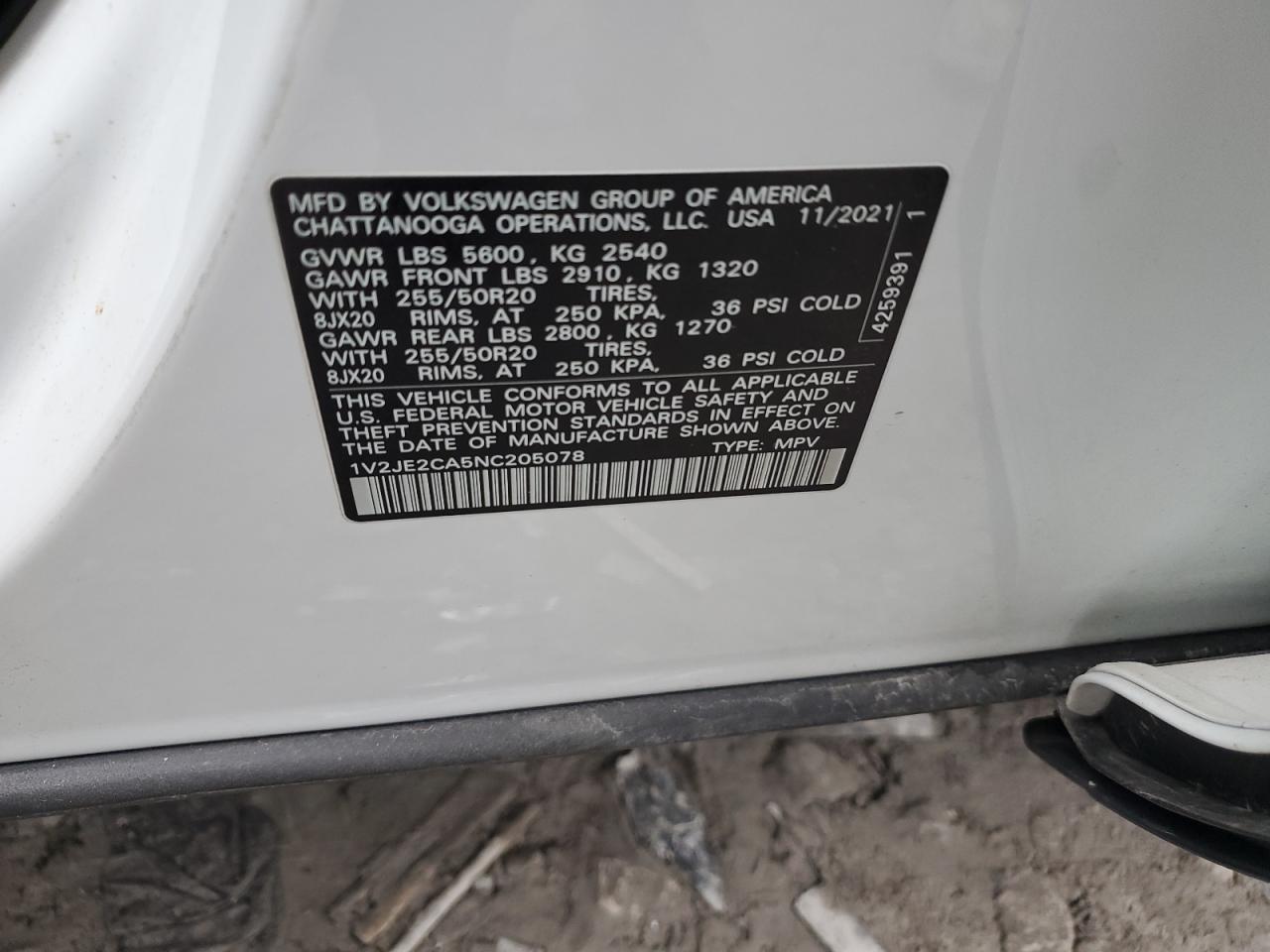2022 VOLKSWAGEN ATLAS CROSS SPORT SE VIN:1V2JE2CA5NC205078