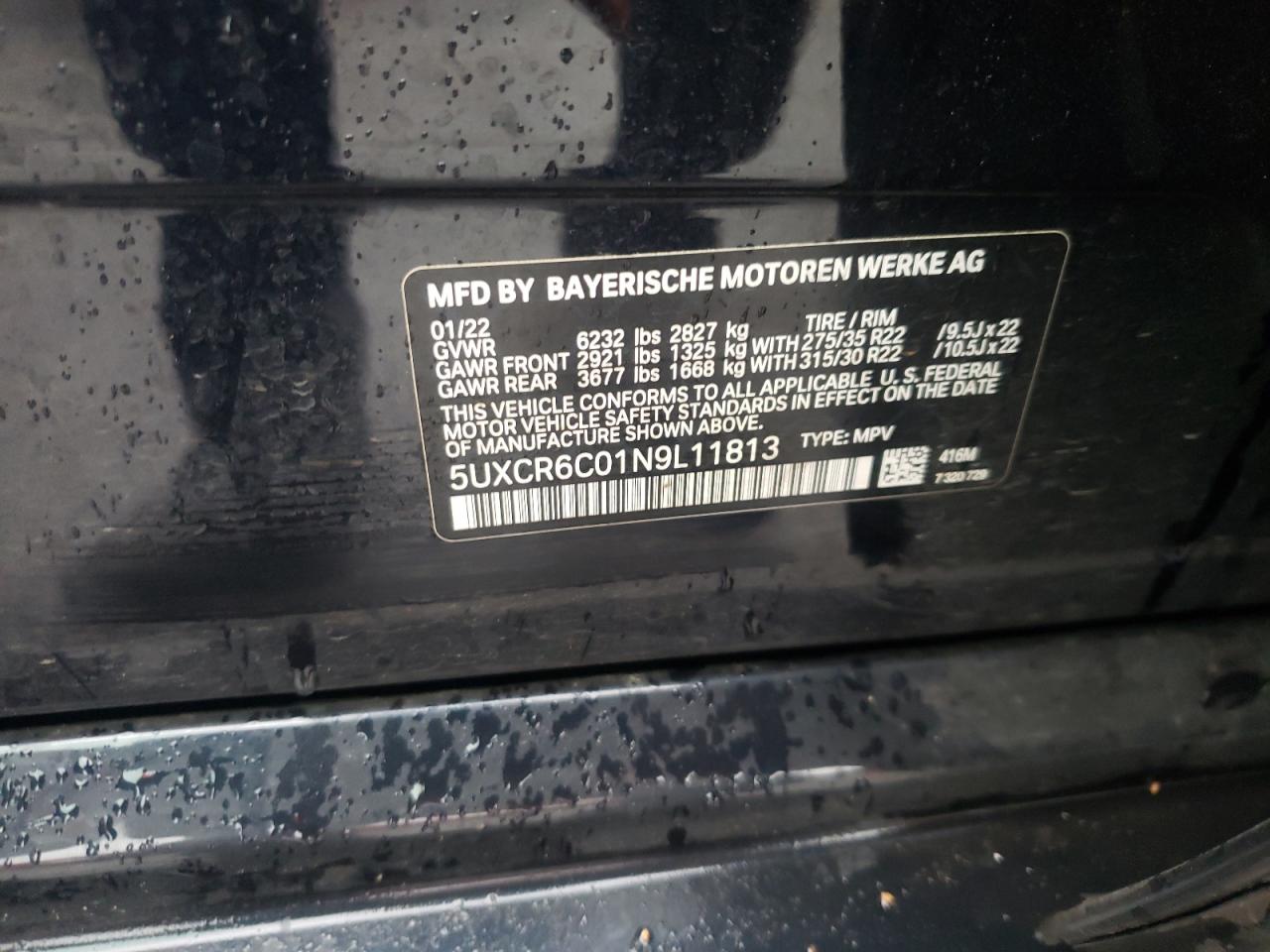 2022 BMW X5 XDRIVE40I VIN:5UXCR6C01N9L11813