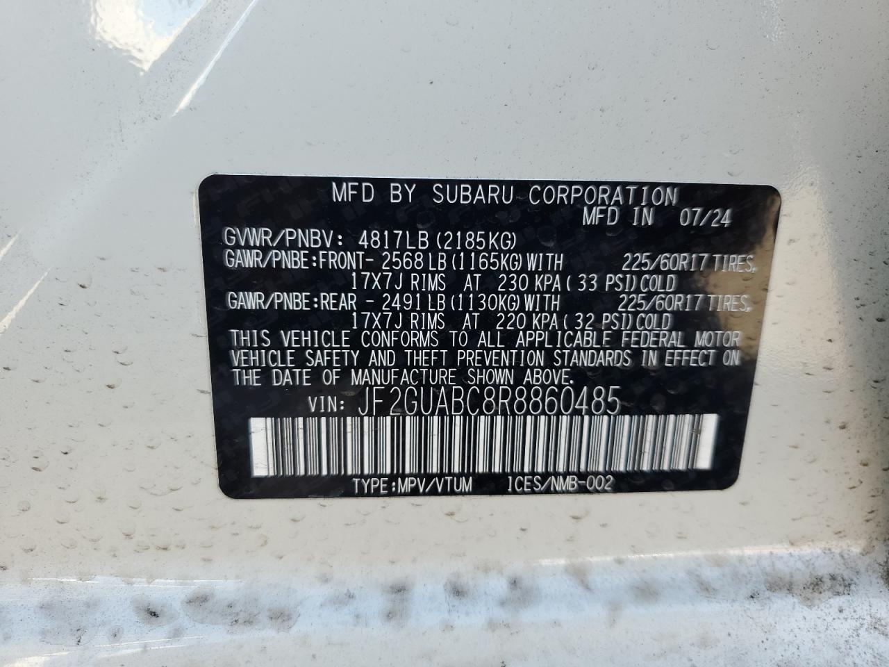 2024 SUBARU CROSSTREK  VIN:JF2GUABC8R8860485