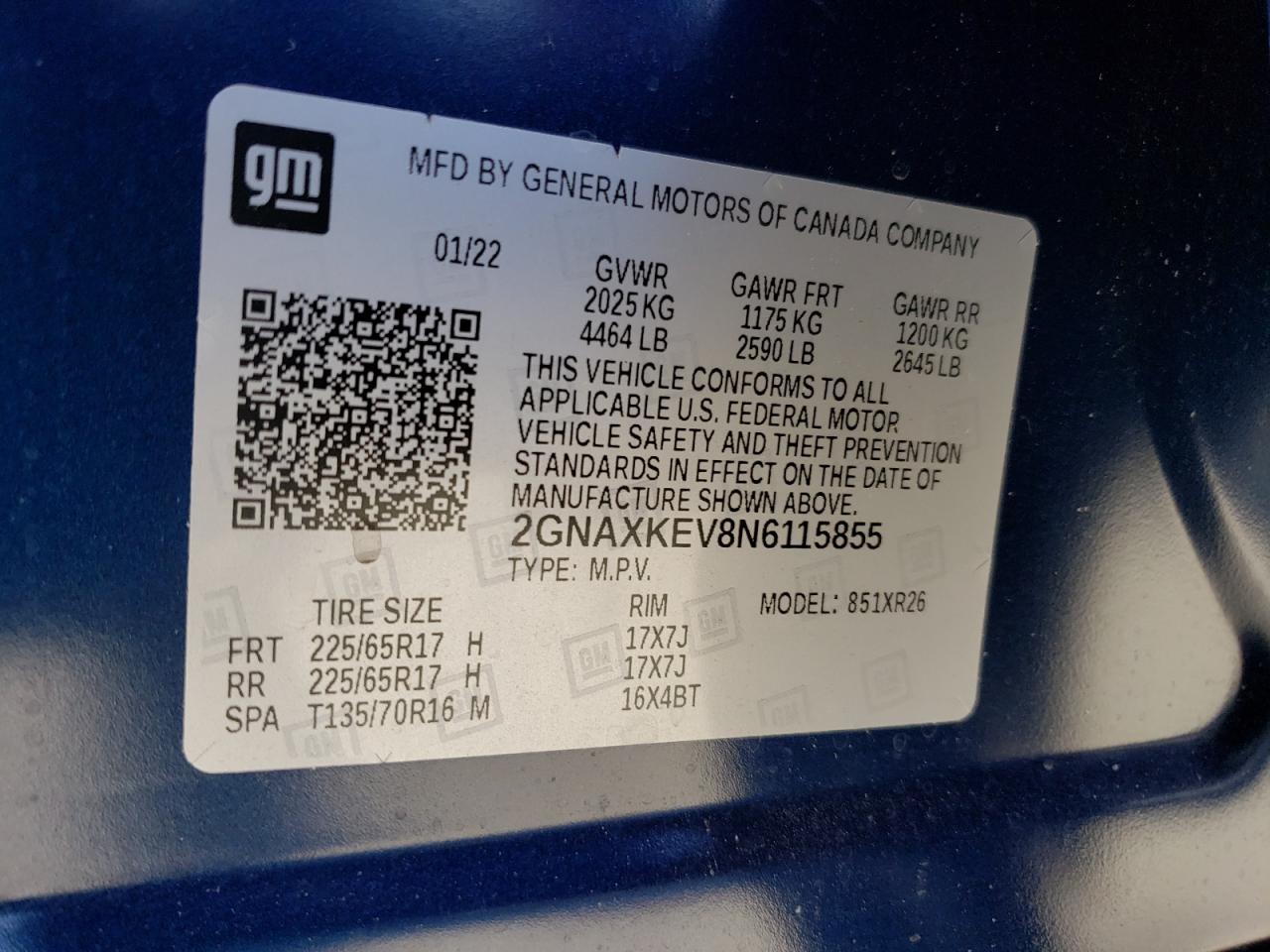 2022 CHEVROLET EQUINOX LT VIN:2GNAXKEV8N6115855