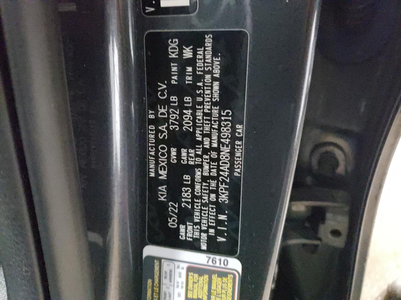 2022 KIA FORTE FE VIN:3KPF24AD8NE498315