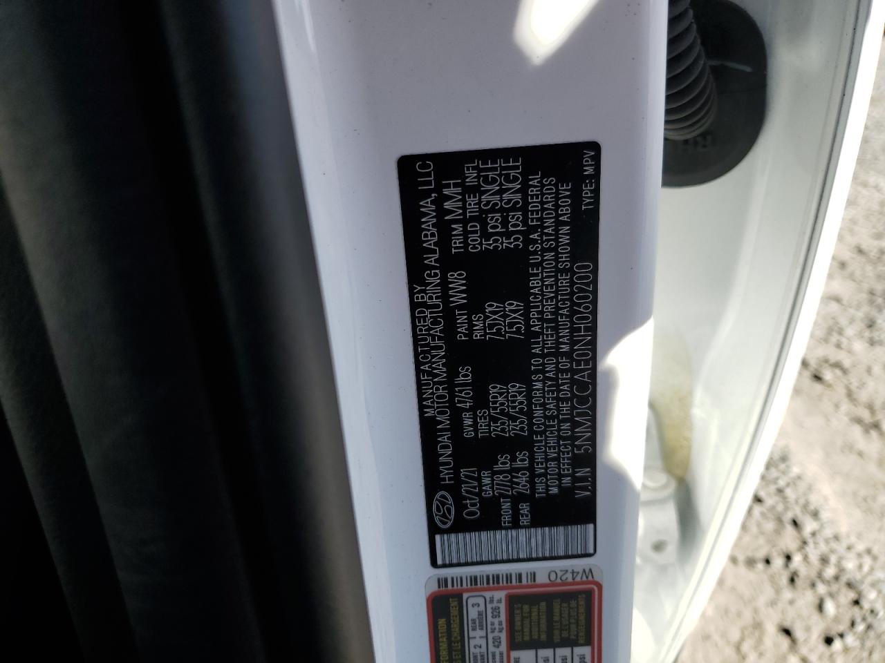 2022 HYUNDAI TUCSON SEL VIN:5NMJCCAE0NH060200