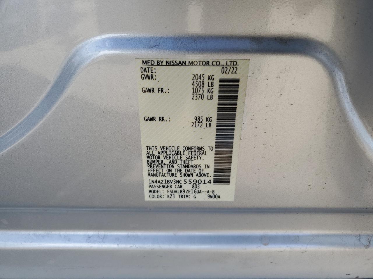 2022 NISSAN LEAF S VIN:1N4AZ1BV3NC559014
