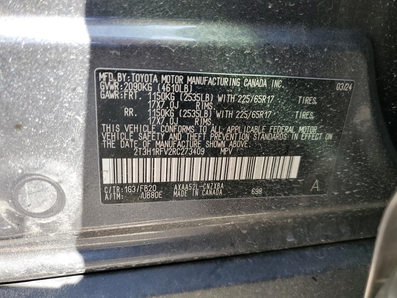 2024 TOYOTA RAV4 LE VIN:2T3H1RFV2RC273409