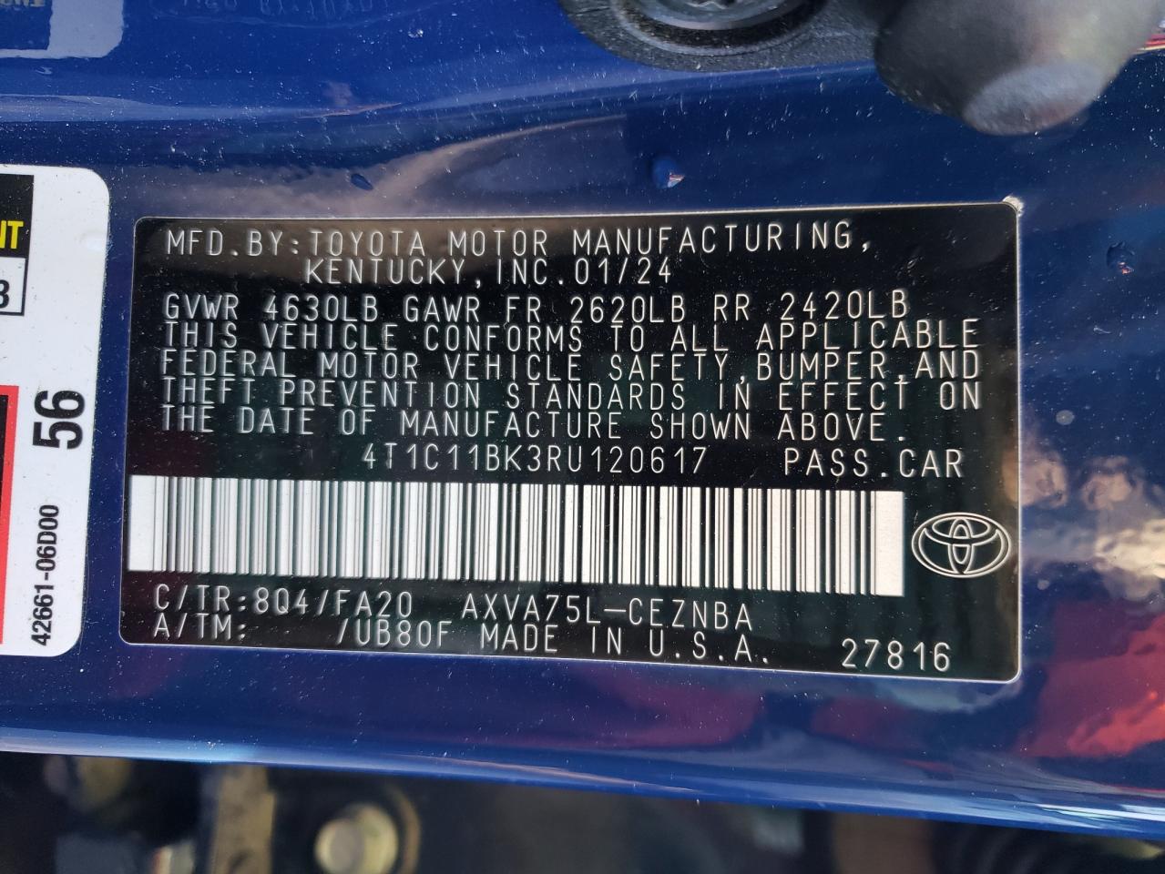 2024 TOYOTA CAMRY LE VIN:4T1C11BK3RU120617