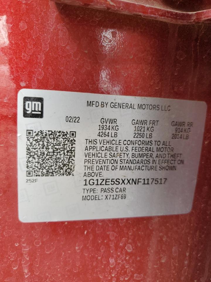 2022 CHEVROLET MALIBU PREMIER VIN:1G1ZE5SXXNF117517