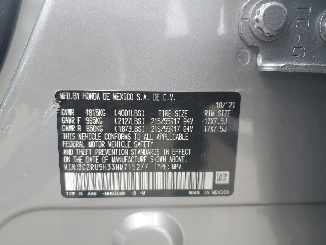 2022 HONDA HR-V LX VIN:3CZRU5H33NM715277