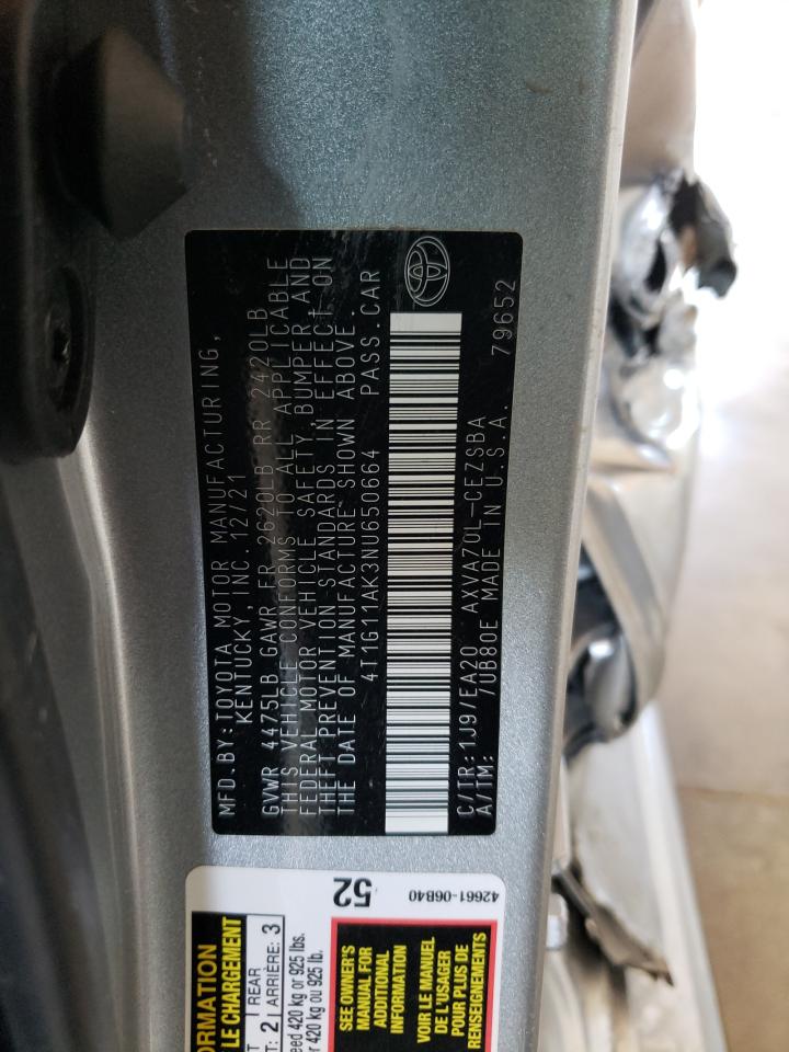 2022 TOYOTA CAMRY SE VIN:4T1G11AK3NU650664