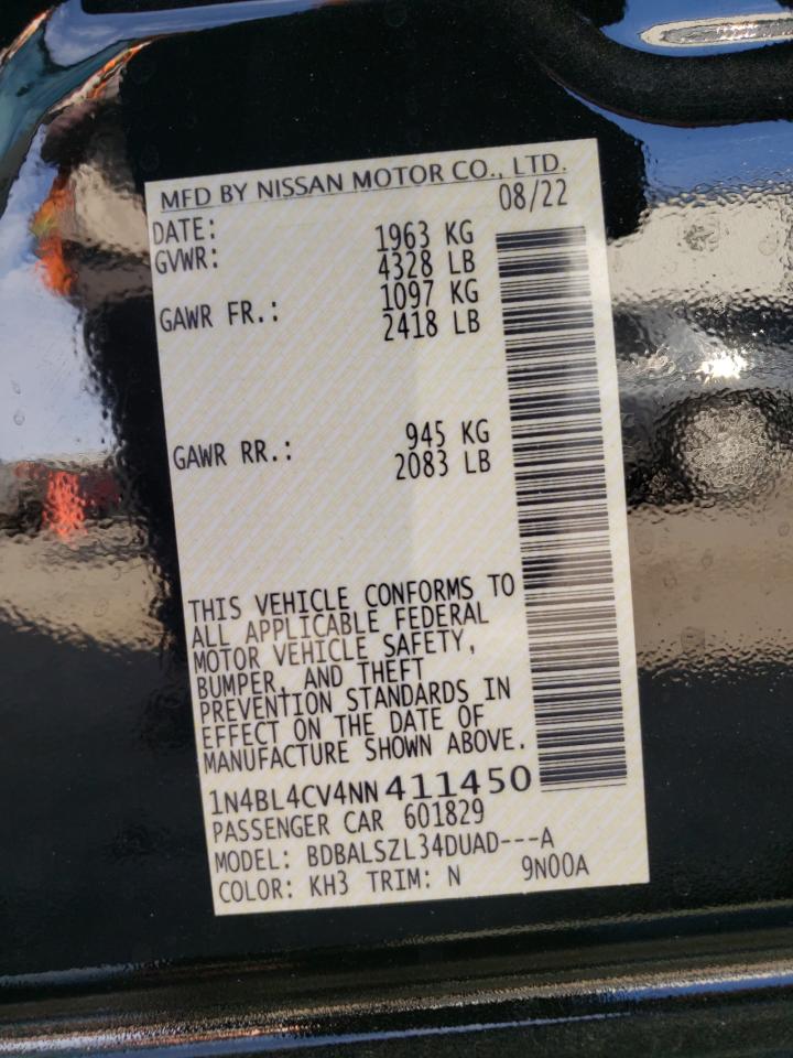 2022 NISSAN ALTIMA SR VIN:1N4BL4CV4NN411450
