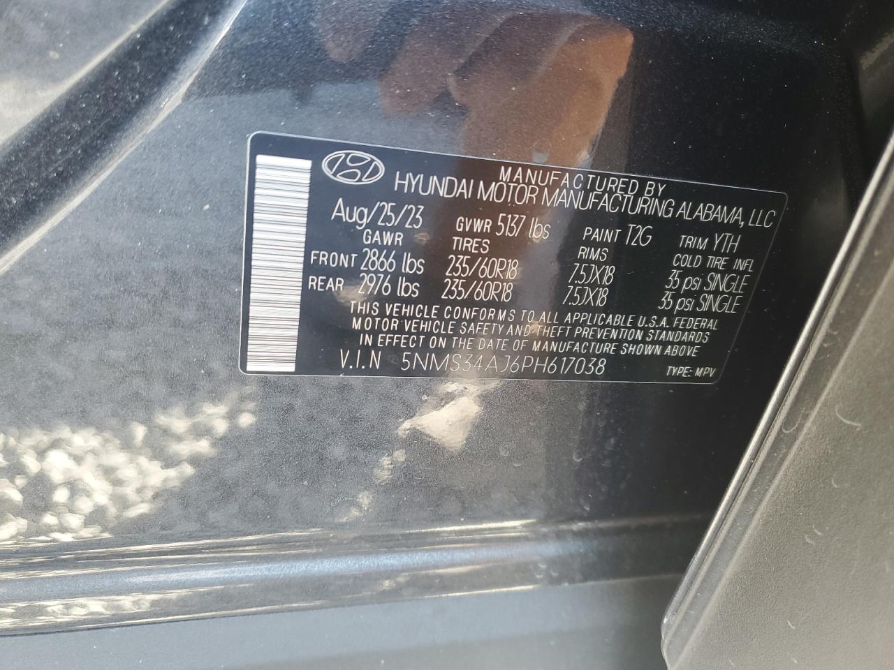 2023 HYUNDAI SANTA FE SEL PREMIUM VIN:5NMS34AJ6PH617038