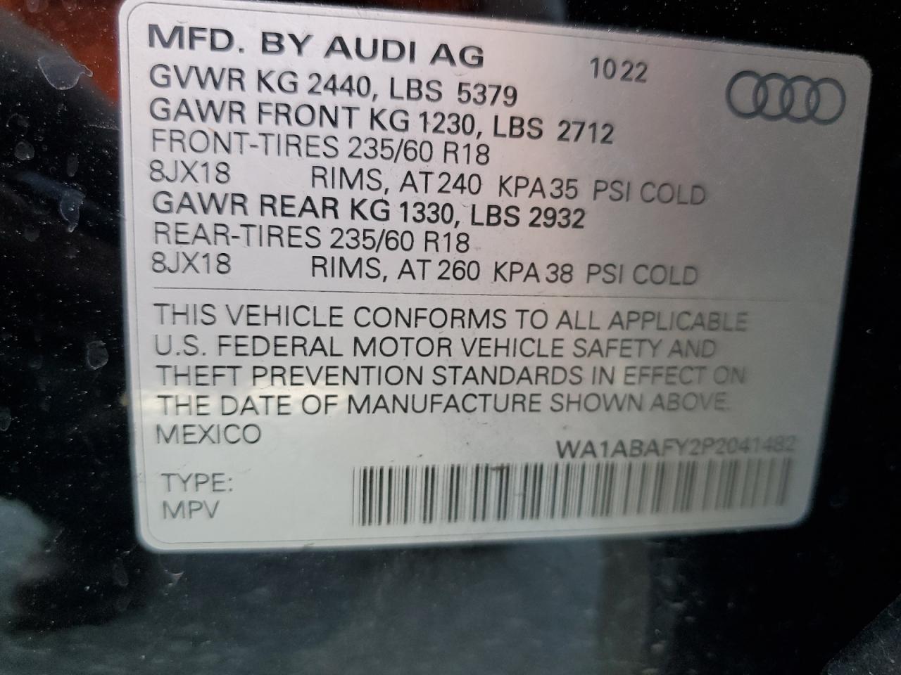 2023 AUDI Q5 PREMIUM 40 VIN:WA1ABAFY2P2041482