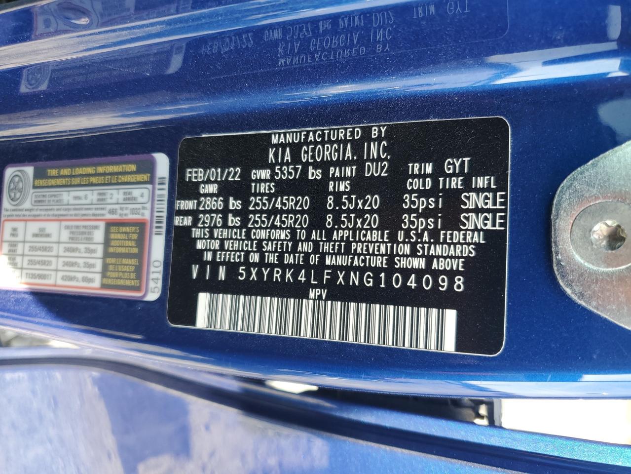 2022 KIA SORENTO SX VIN:5XYRK4LFXNG104098