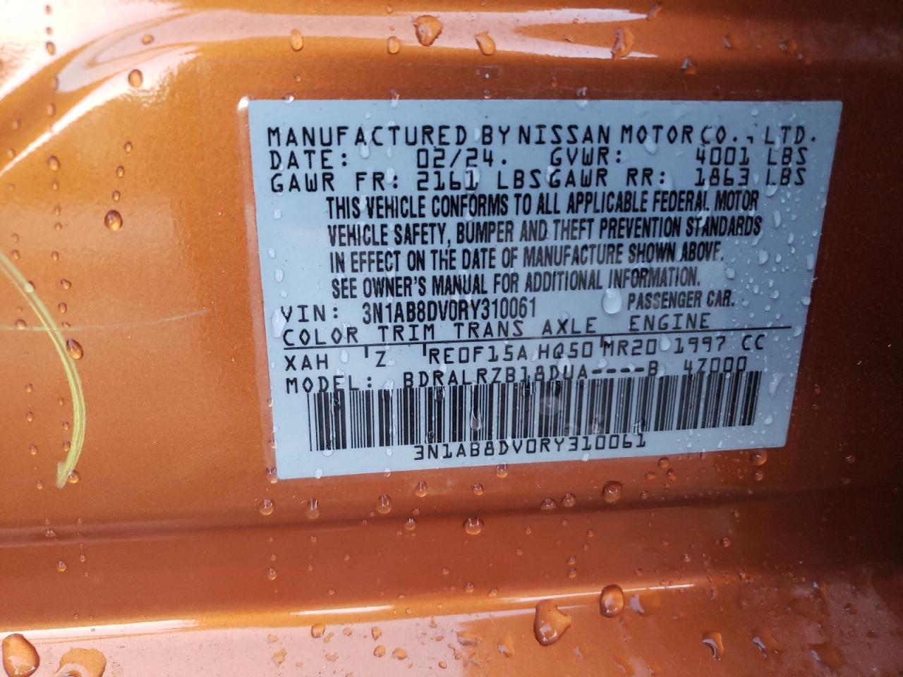 2024 NISSAN SENTRA SR VIN:3N1AB8DV0RY310061