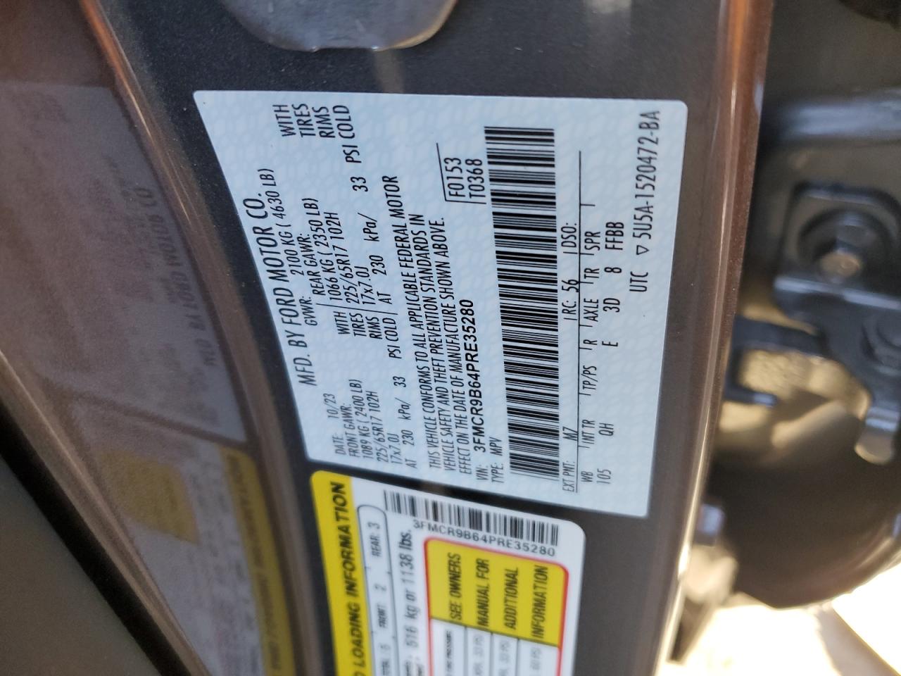 2023 FORD BRONCO SPORT BIG BEND VIN:3FMCR9B64PRE35280
