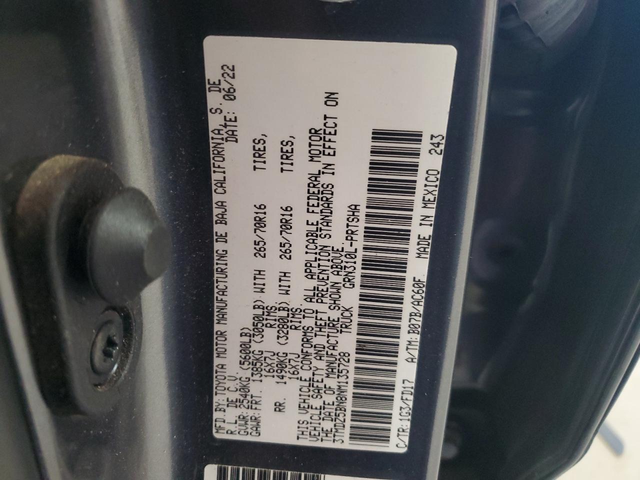 2022 TOYOTA TACOMA DOUBLE CAB VIN:3TMDZ5BN8NM135728