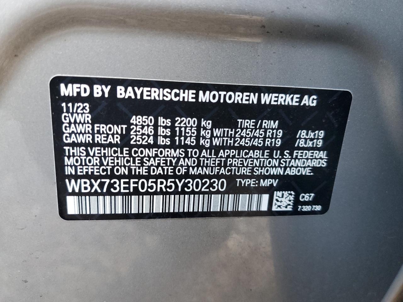 2024 BMW X1 XDRIVE28I VIN:WBX73EF05R5Y30230