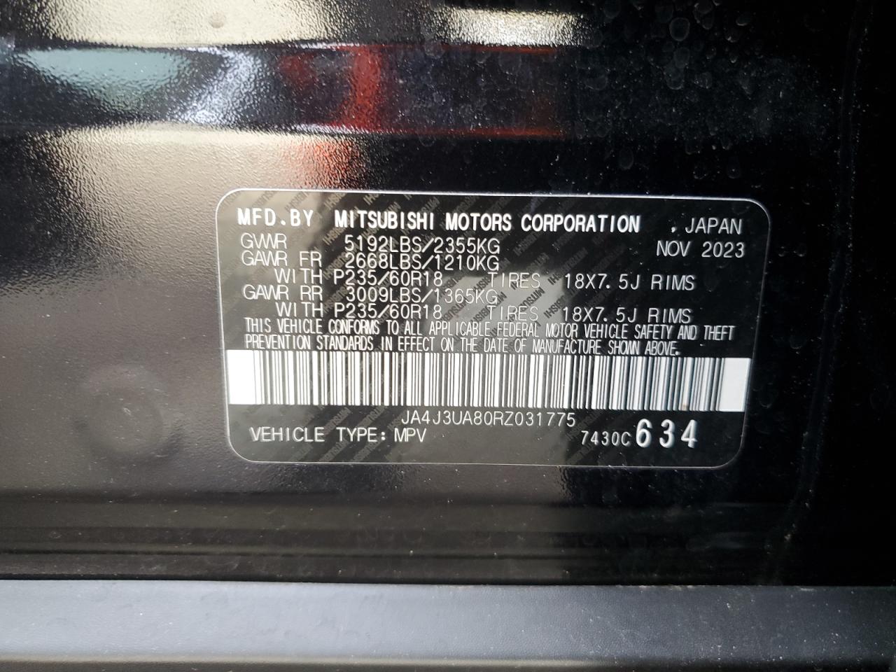 2024 MITSUBISHI OUTLANDER ES VIN:JA4J3UA80RZ031775