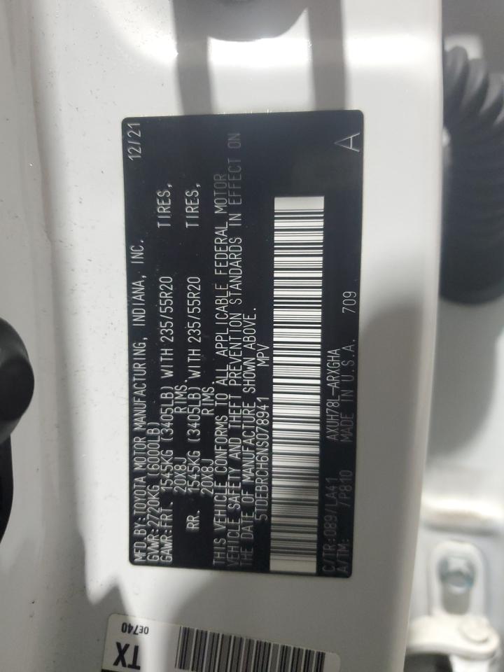 2022 TOYOTA HIGHLANDER HYBRID PLATINUM VIN:5TDEBRCH6NS078941