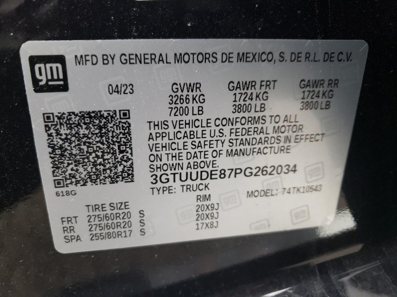 2023 GMC SIERRA K1500 SLT VIN:3GTUUDE87PG262034