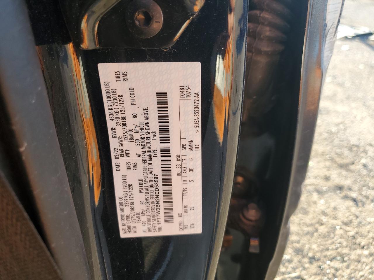 2022 FORD F350 SUPER DUTY VIN:1FT7W3BN2NED53597