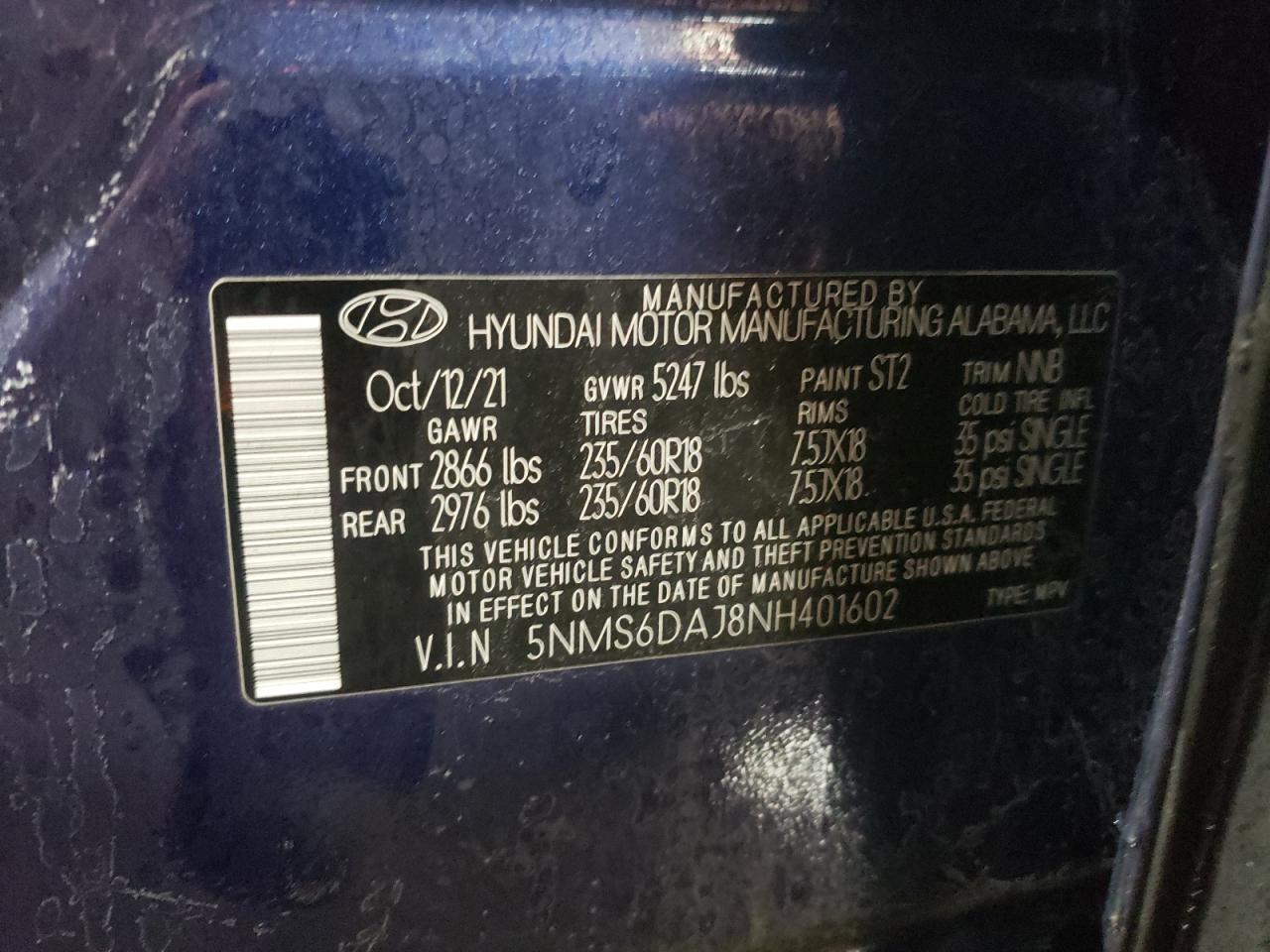 2022 HYUNDAI SANTA FE SEL VIN:5NMS6DAJ8NH401602