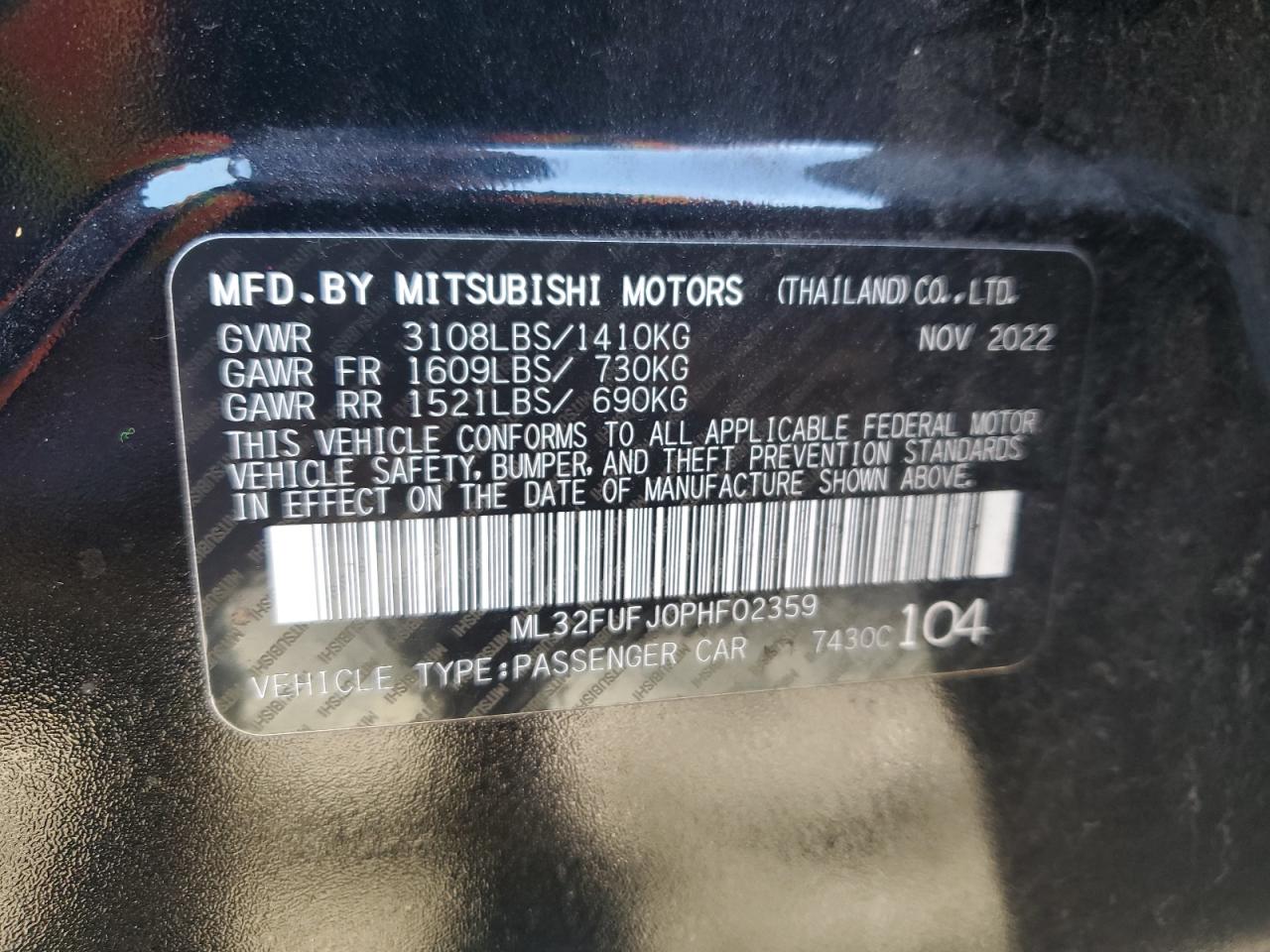 2023 MITSUBISHI MIRAGE G4 ES VIN:ML32FUFJ0PHF02359