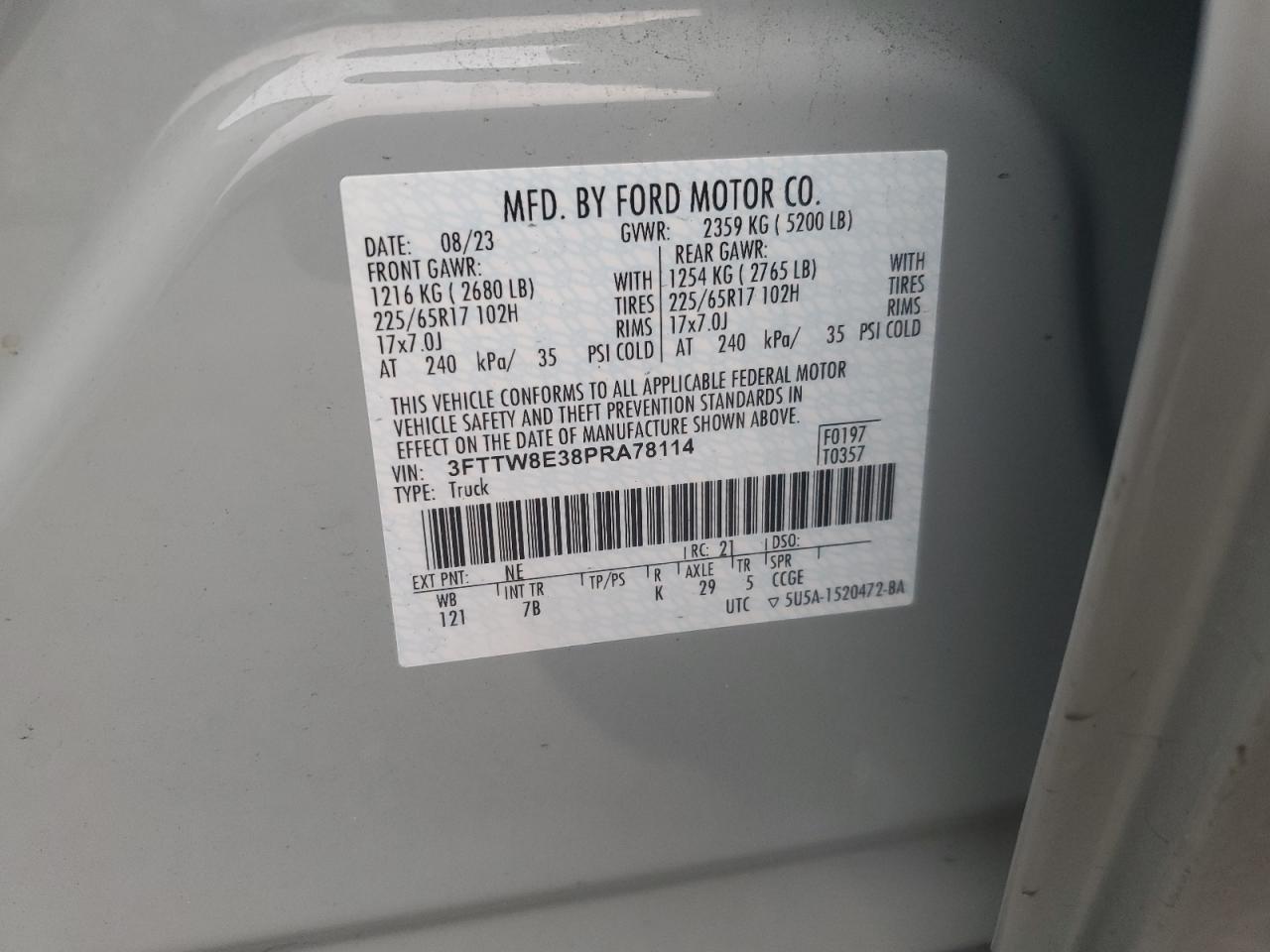 2023 FORD MAVERICK XL VIN:3FTTW8E38PRA78114