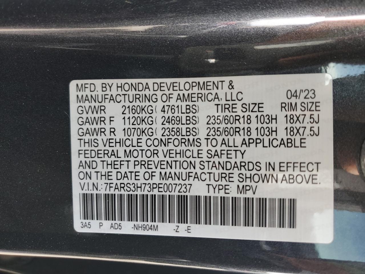 2023 HONDA CR-V EXL VIN:7FARS3H73PE007237