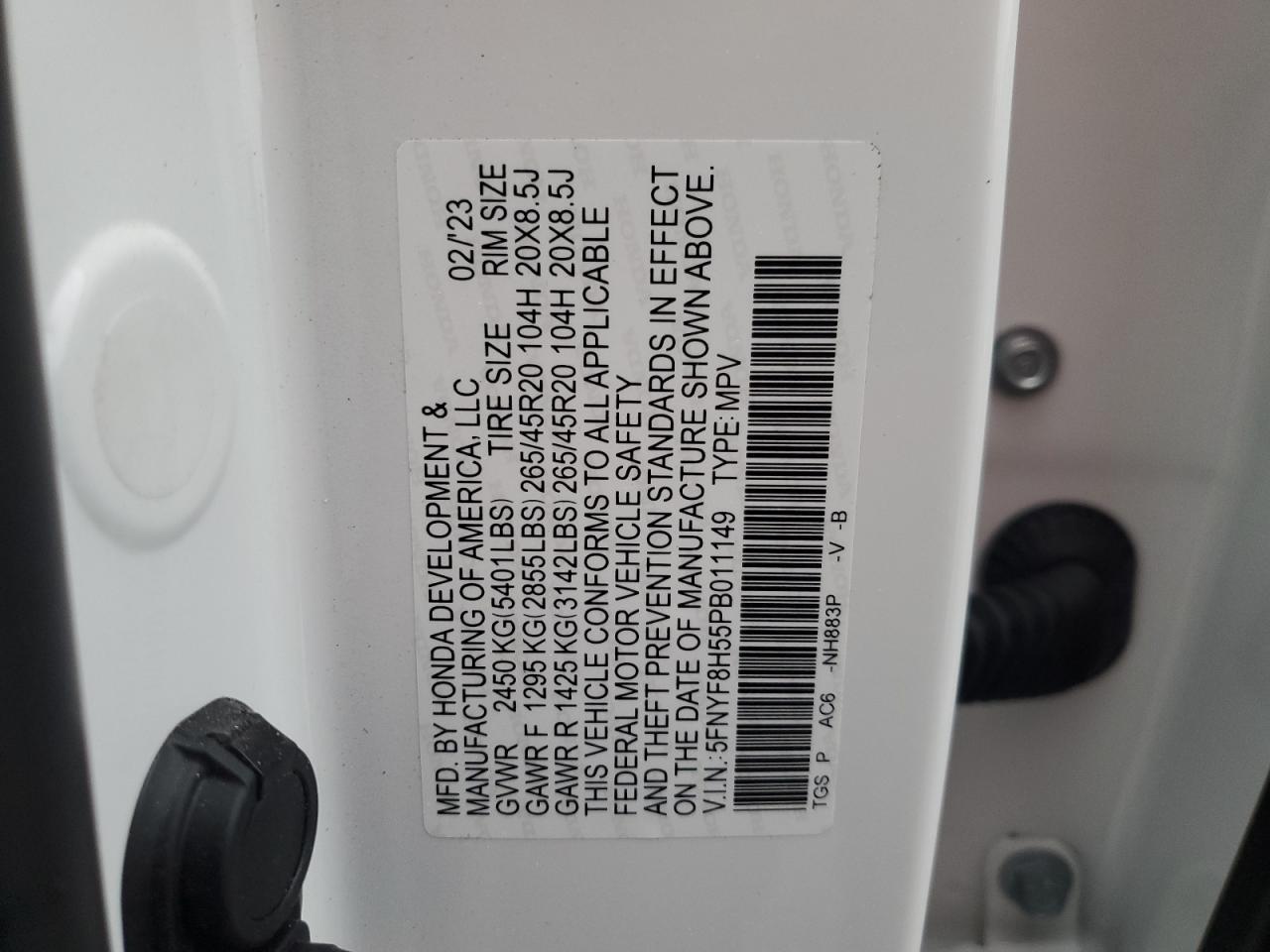 2023 HONDA PASSPORT EXL VIN:5FNYF8H55PB011149