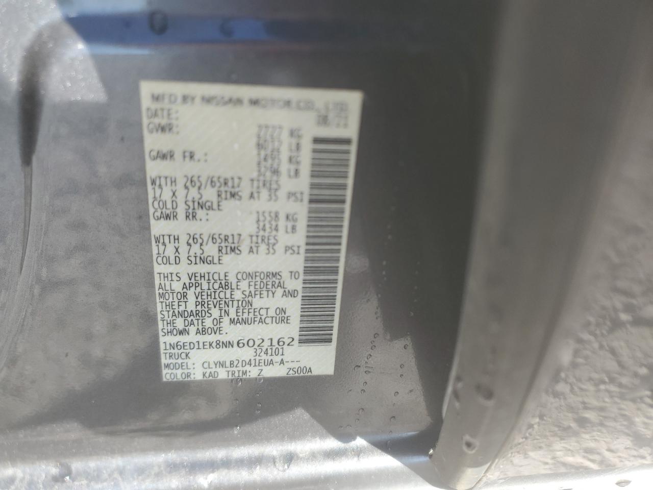 2022 NISSAN FRONTIER S VIN:1N6ED1EK8NN602162