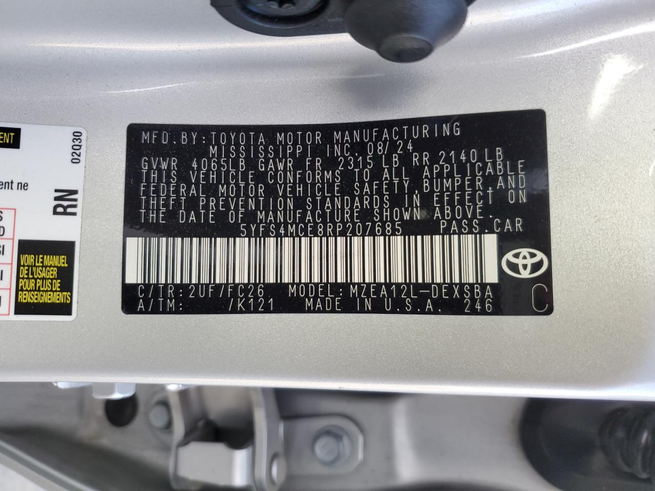 2024 TOYOTA COROLLA SE VIN:5YFS4MCE8RP207685
