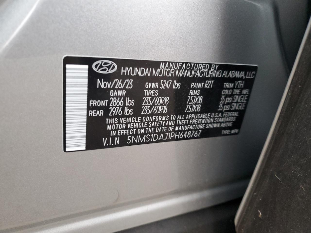 2023 HYUNDAI SANTA FE SE VIN:5NMS1DAJ1PH648767