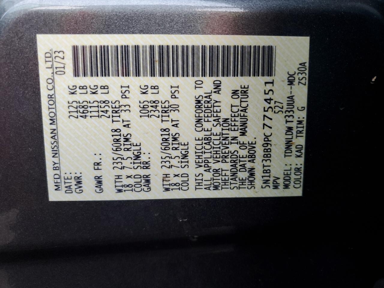 2023 NISSAN ROGUE SV VIN:5N1BT3BB9PC775451