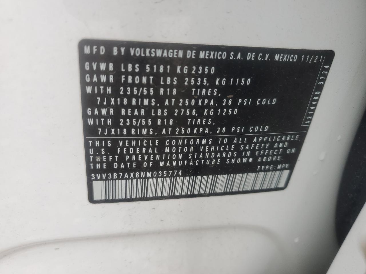 2022 VOLKSWAGEN TIGUAN SE VIN:3VV3B7AX8NM035774