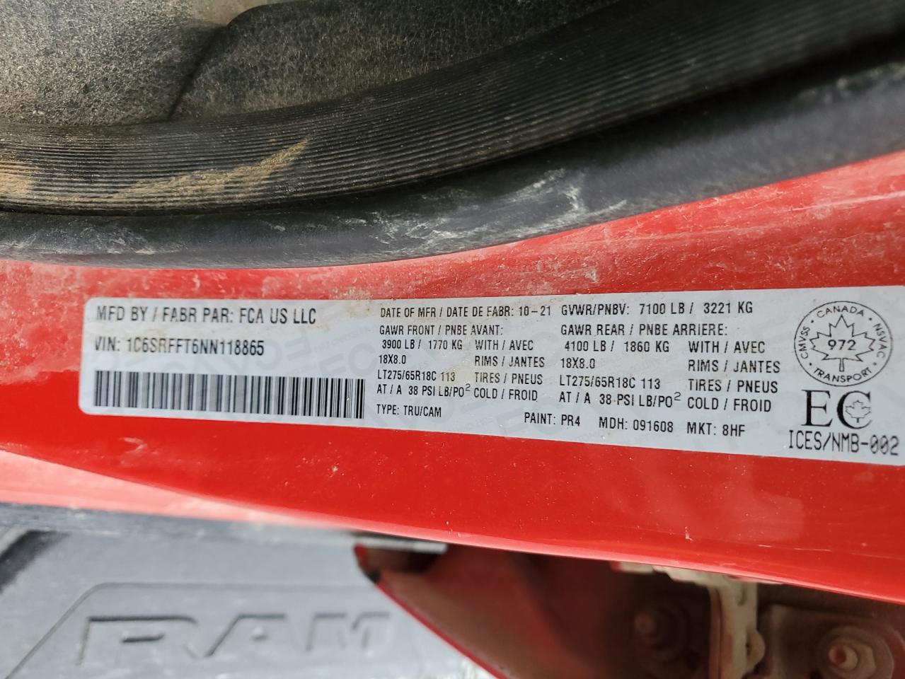 2022 RAM 1500 BIG HORN/LONE STAR VIN:1C6SRFFT6NN118865