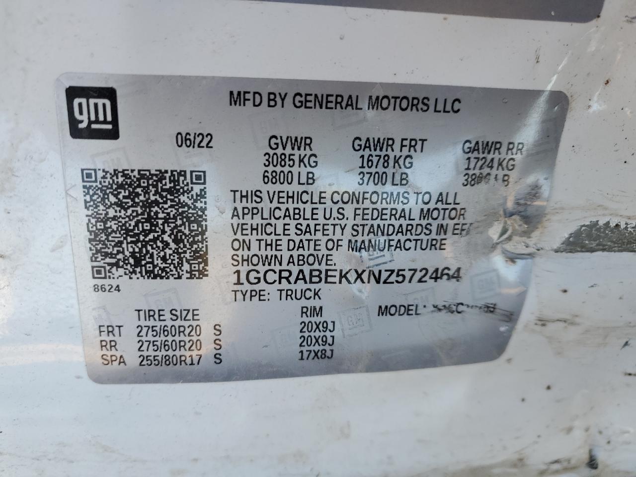 2022 CHEVROLET SILVERADO C1500 CUSTOM VIN:1GCRABEKXNZ572464