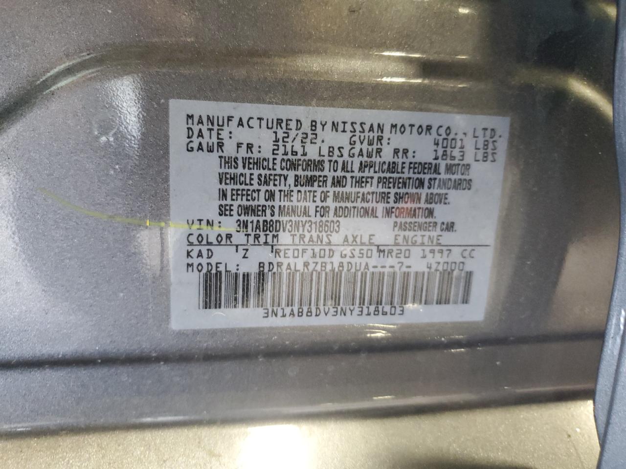 2022 NISSAN SENTRA SR VIN:3N1AB8DV3NY318603