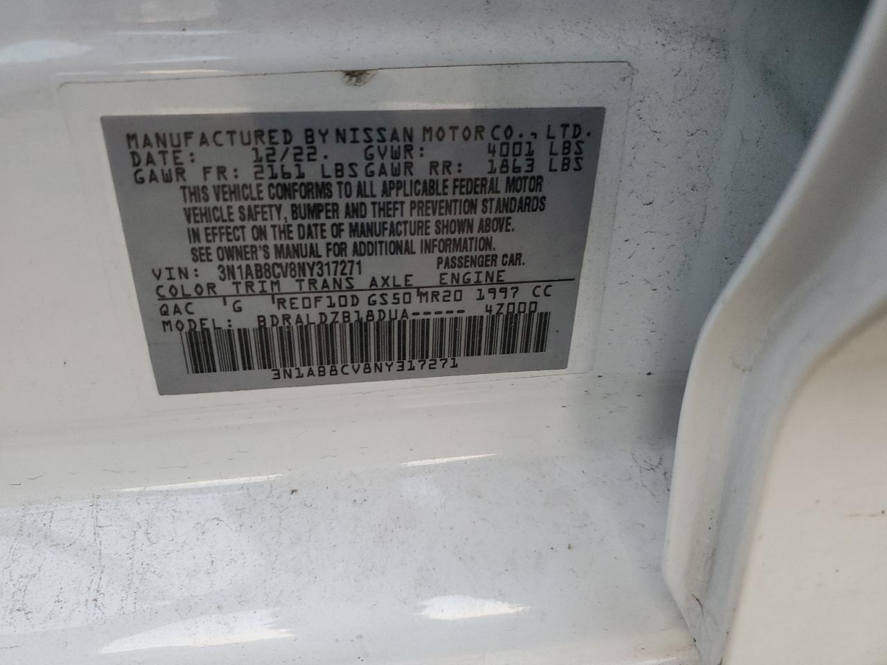 2022 NISSAN SENTRA SV VIN:3N1AB8CV8NY317271