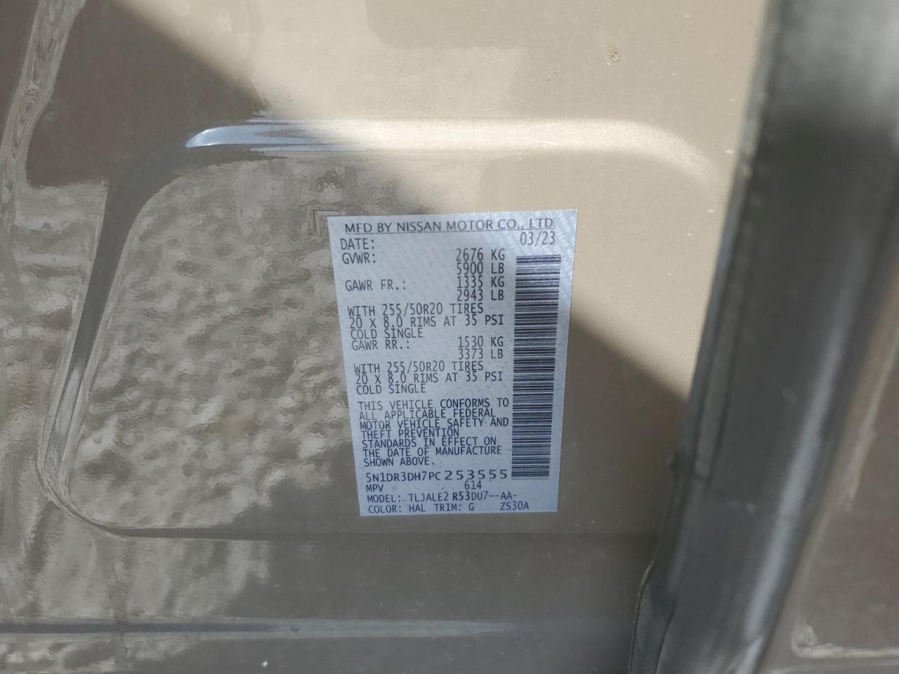 2023 NISSAN PATHFINDER PLATINUM VIN:5N1DR3DH7PC253555
