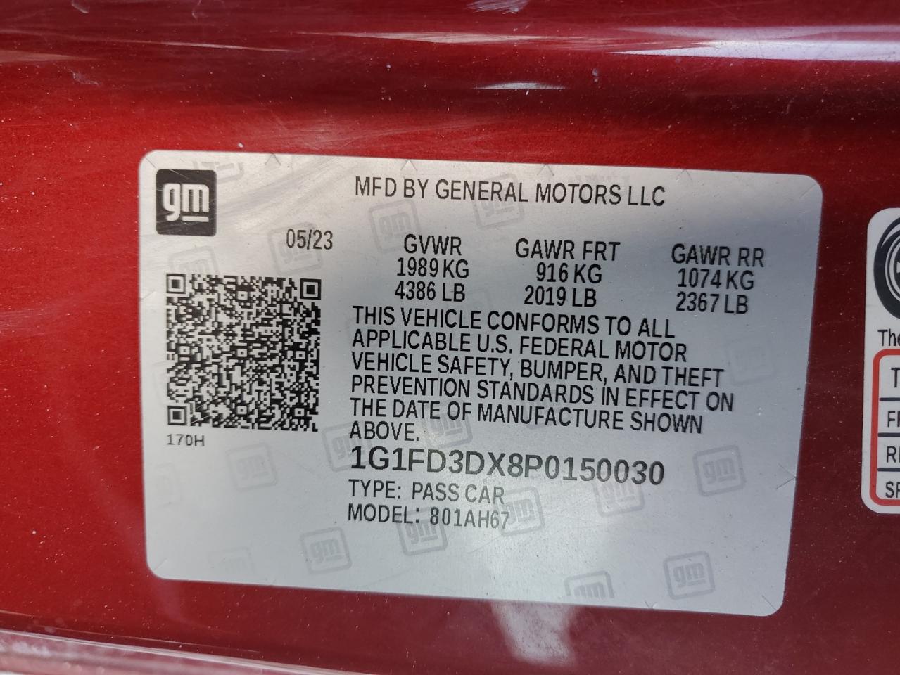 2023 CHEVROLET CAMARO LT VIN:1G1FD3DX8P0150030