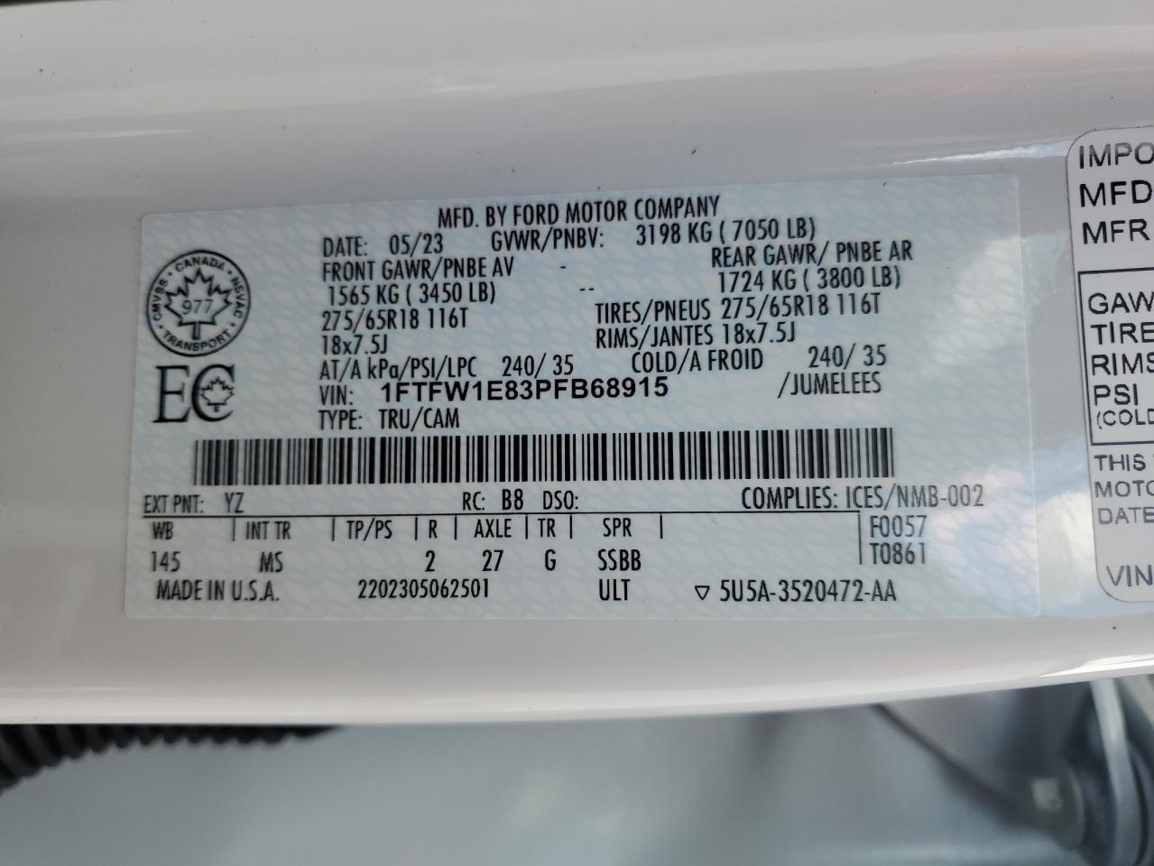 2023 FORD F150 SUPERCREW VIN:1FTFW1E83PFB68915
