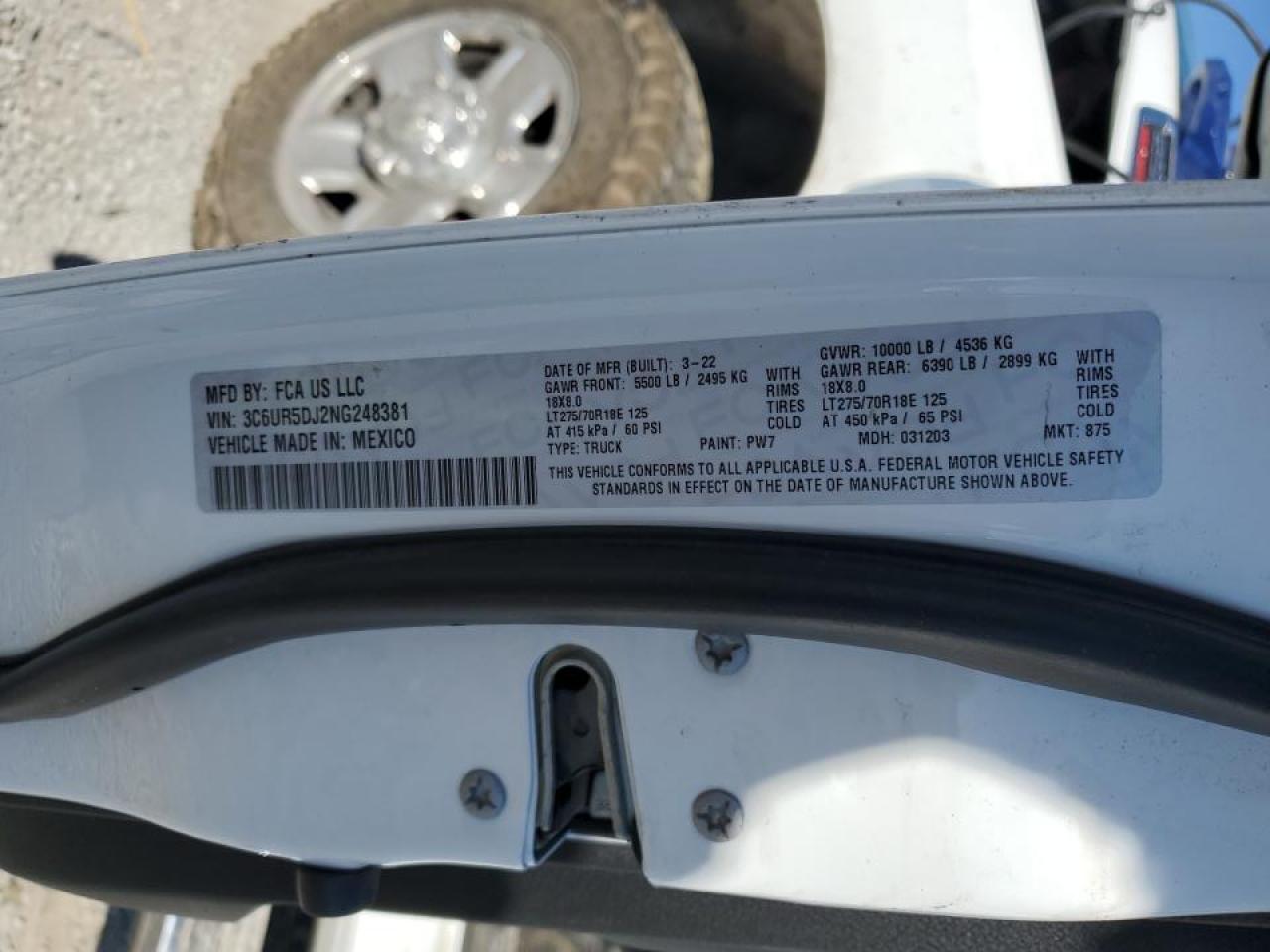 2022 RAM 2500 BIG HORN/LONE STAR VIN:3C6UR5DJ2NG248381