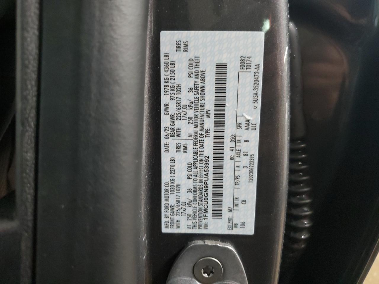 2023 FORD ESCAPE ACTIVE VIN:1FMCU0GN9PUA53992