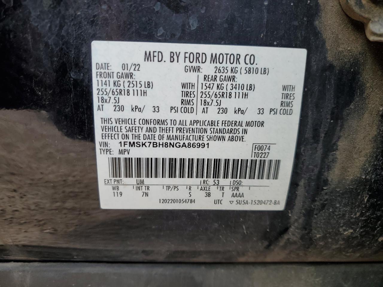 2022 FORD EXPLORER  VIN:1FMSK7BH8NGA86991