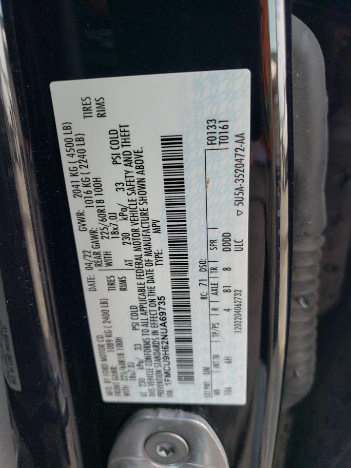 2022 FORD ESCAPE SEL VIN:1FMCU9H62NUA69735